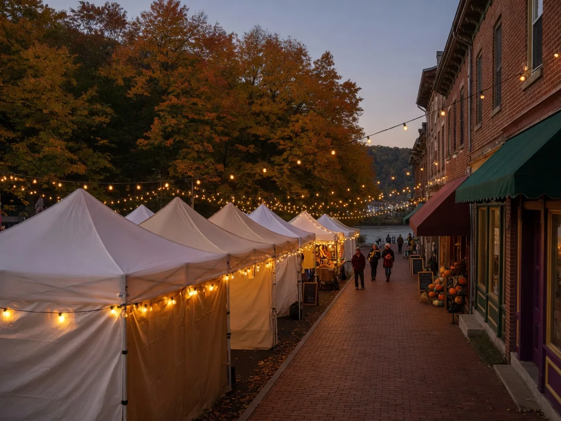 Autumn street festival vendor tents and warm string lights along a brick sidewalk in a historic Pennsylvania river town