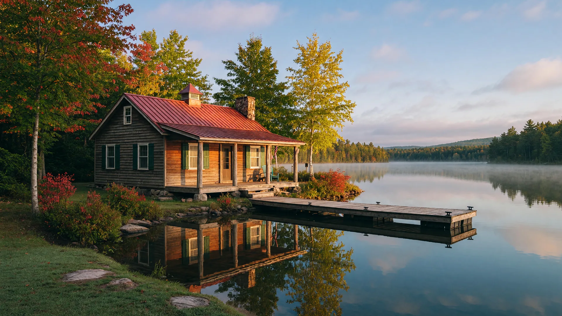 Lakefront cabin on the Whitefish Chain in late summer with early fall colors appearing in the surrounding trees