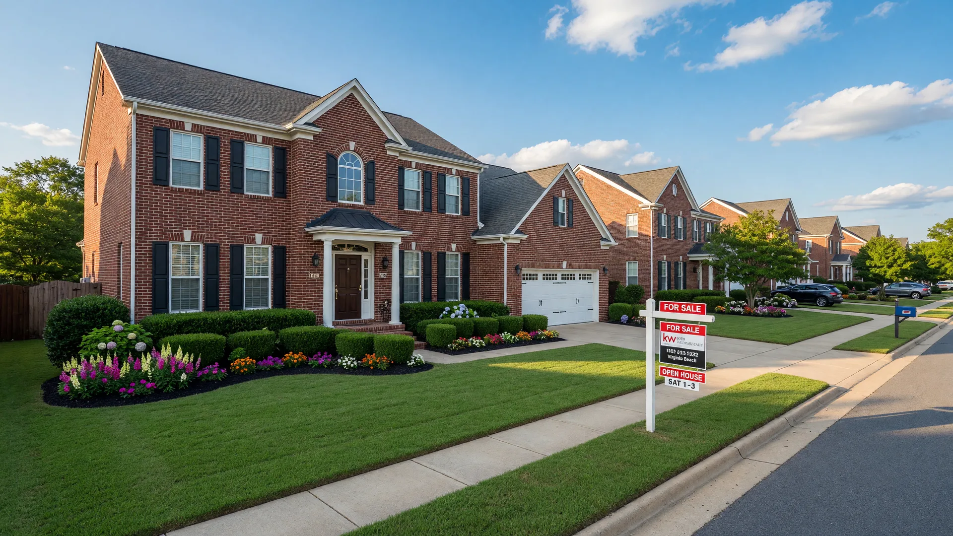 Beautiful Virginia Beach home with a For Sale real estate sign in the front yard, brick facade, and manicured landscaping