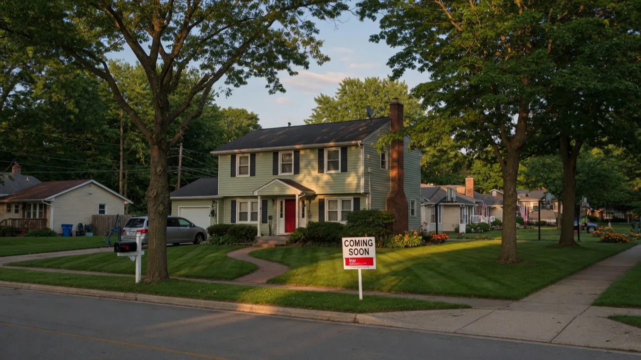 Suburban home in Northwest Indiana at golden hour with a Coming Soon sign in the front yard and mature shade trees