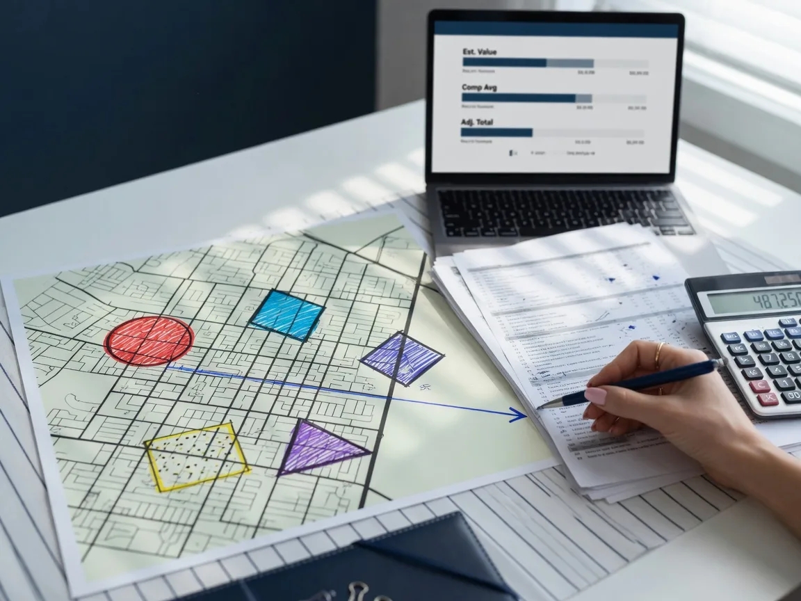Real estate professional building a broker price opinion with comparable sales and a street map.