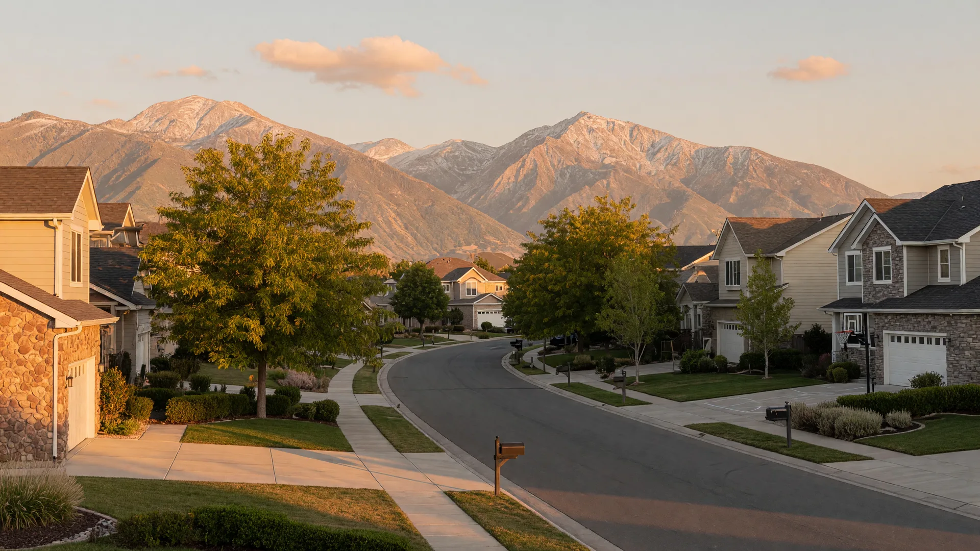 A residential street along Utah's Wasatch Front at golden hour with homes and mountains in the distance