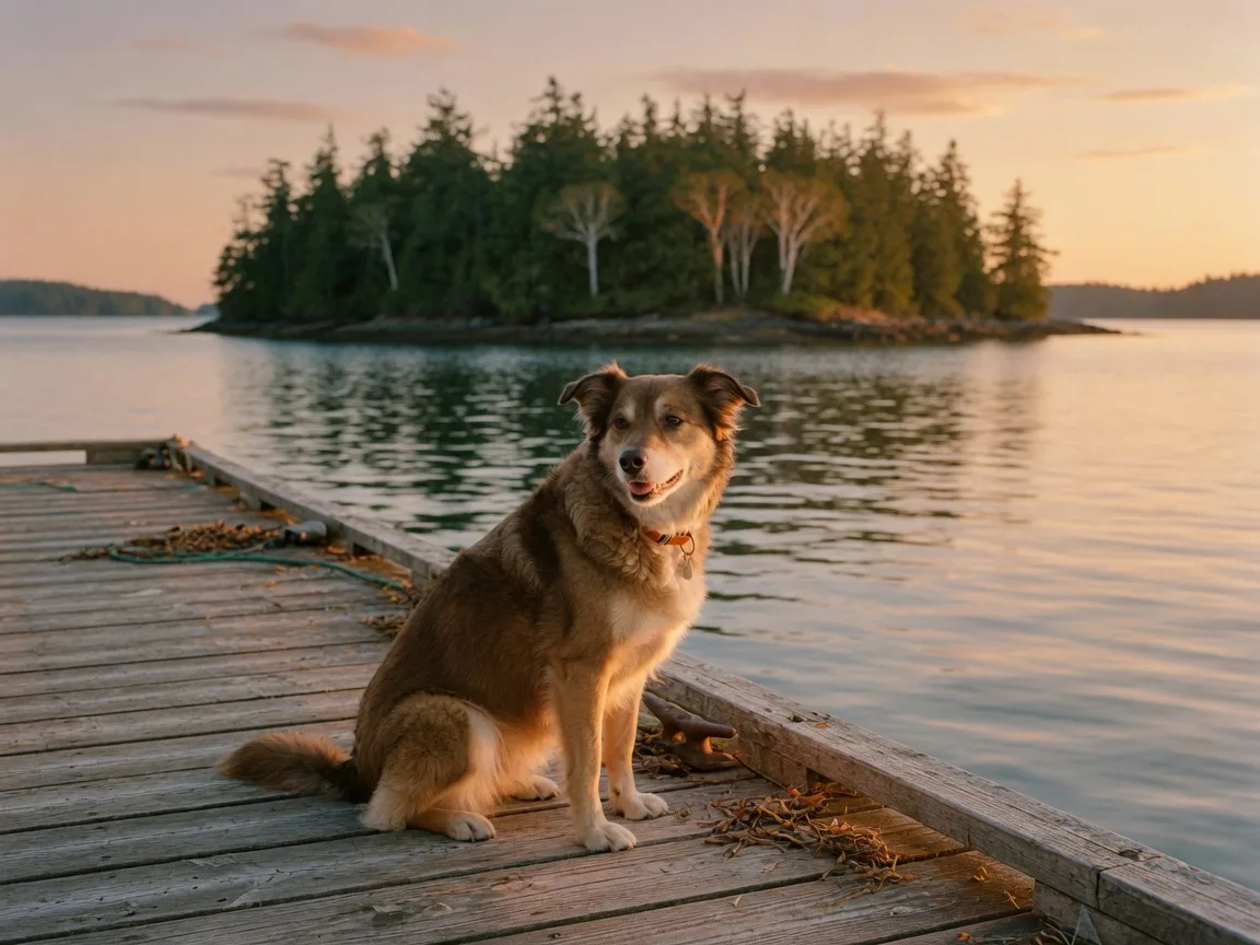 A dog sits on a wooden dock looking out at the Salish Sea near a Gulf Island shoreline