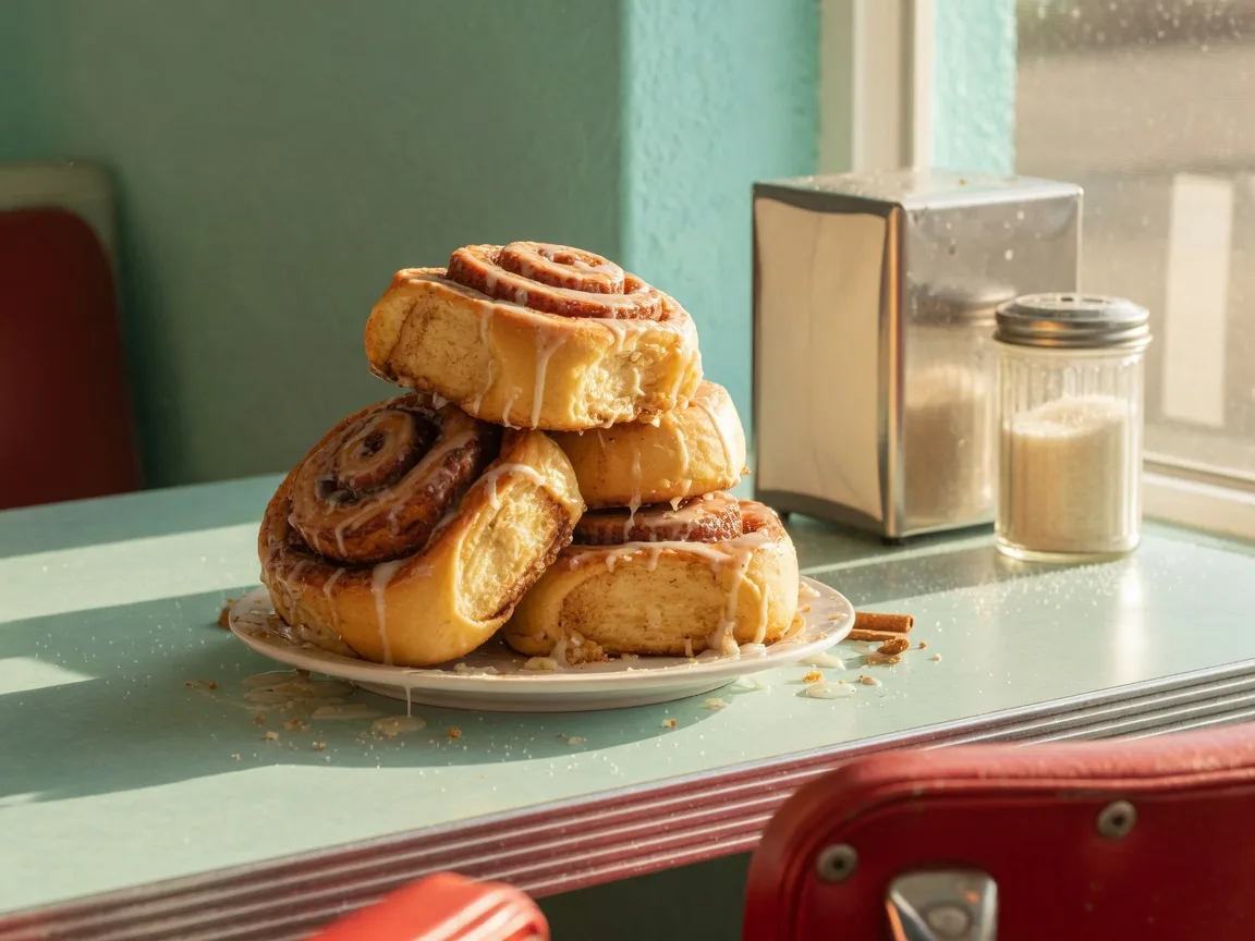 Oversized golden cinnamon rolls with glossy white icing on a retro diner counter in Albuquerque, morning light through the window