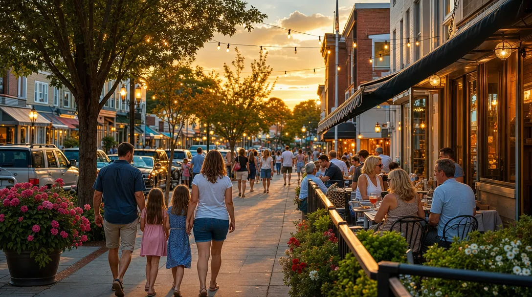 Downtown Delran street scene with people dining and socializing
