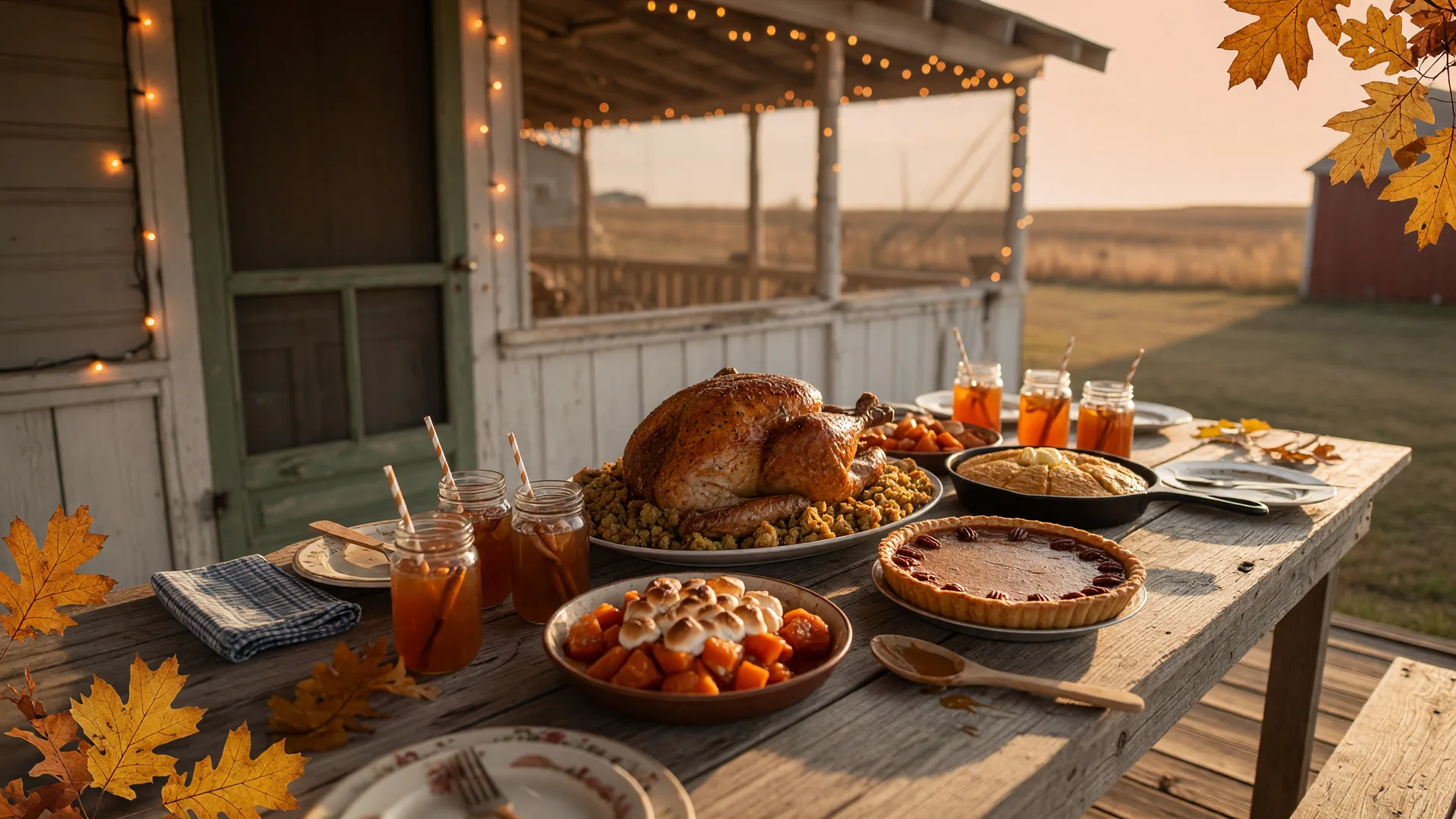 A warm Thanksgiving harvest table set on a Tulsa farmhouse porch with roasted turkey, pumpkin pie, cornbread, and mason jars of cider under golden autumn light