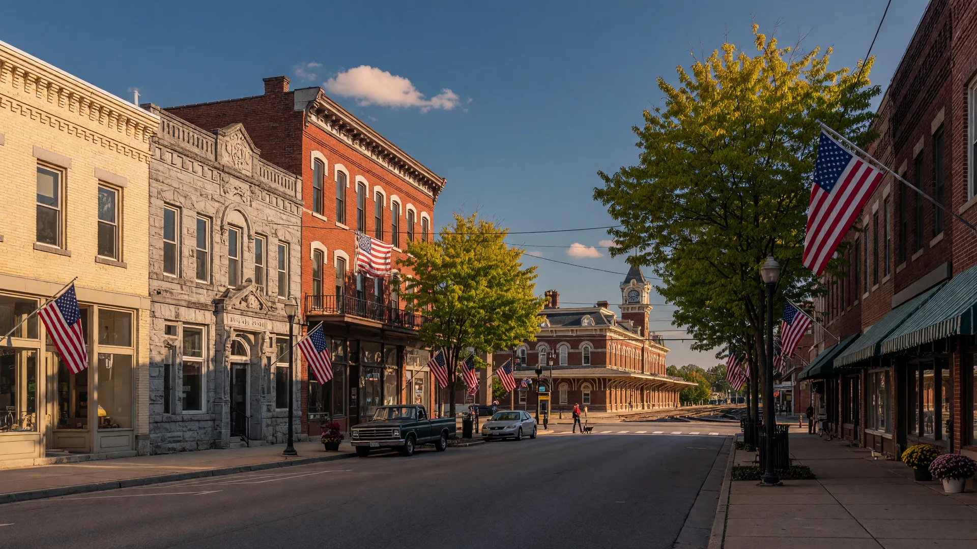 Historic downtown Xenia, Ohio street scene with brick buildings and the Xenia Station depot in warm afternoon sunlight