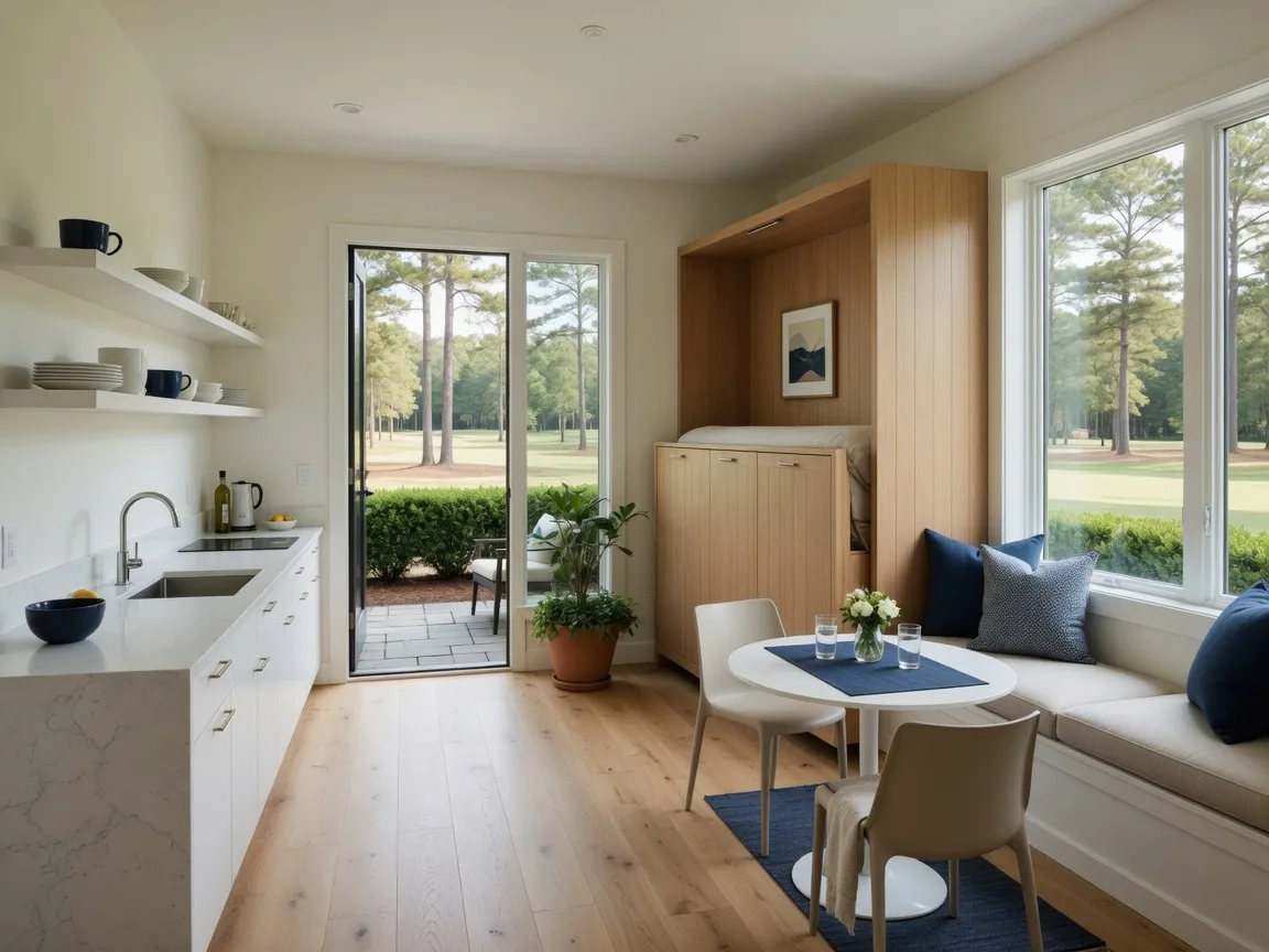 Bright interior of a modern accessory dwelling unit studio with a kitchenette, Murphy bed nook, and window seat overlooking a Georgia yard
