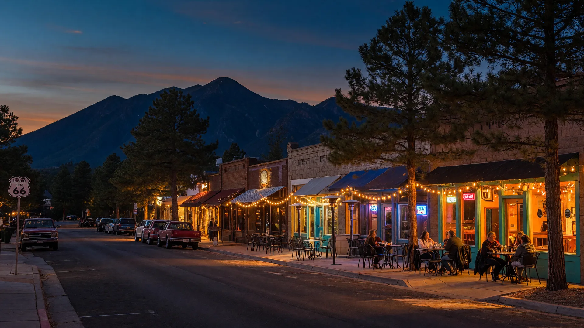 Glowing restaurant storefronts and string lights along Historic Route 66 in downtown Flagstaff at dusk