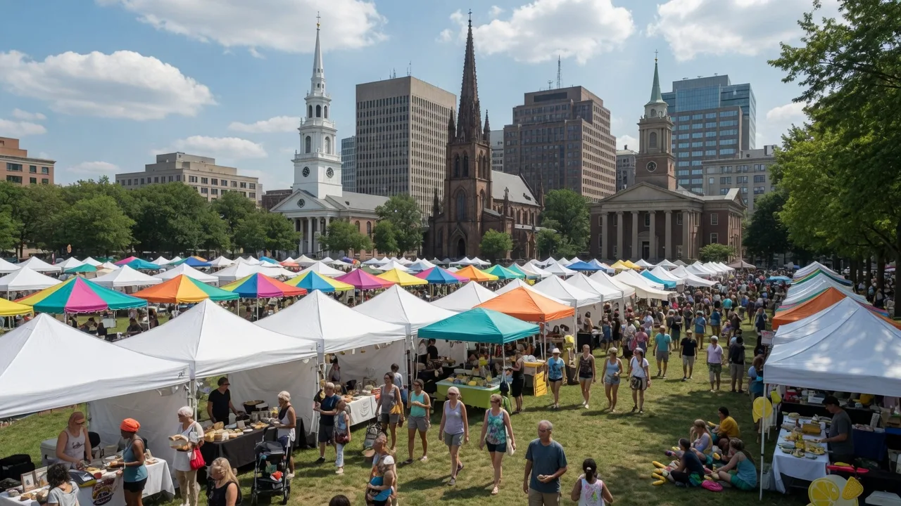 Vendor tents and crowds filling the New Haven Green during a vibrant outdoor festival with the historic downtown skyline in the background