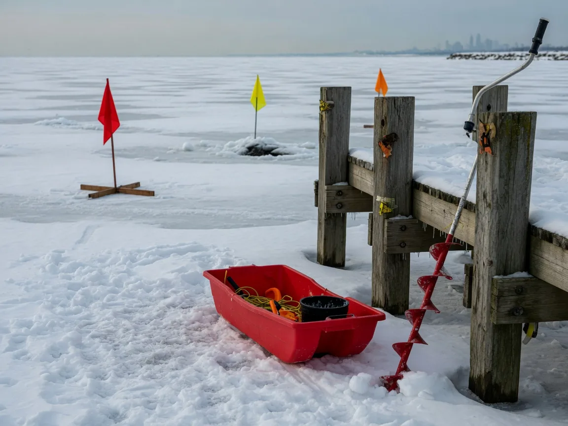 Ice fishing gear, a red sled and an ice auger, leaning against a snow-covered wooden pier on the frozen shore of Lake Erie