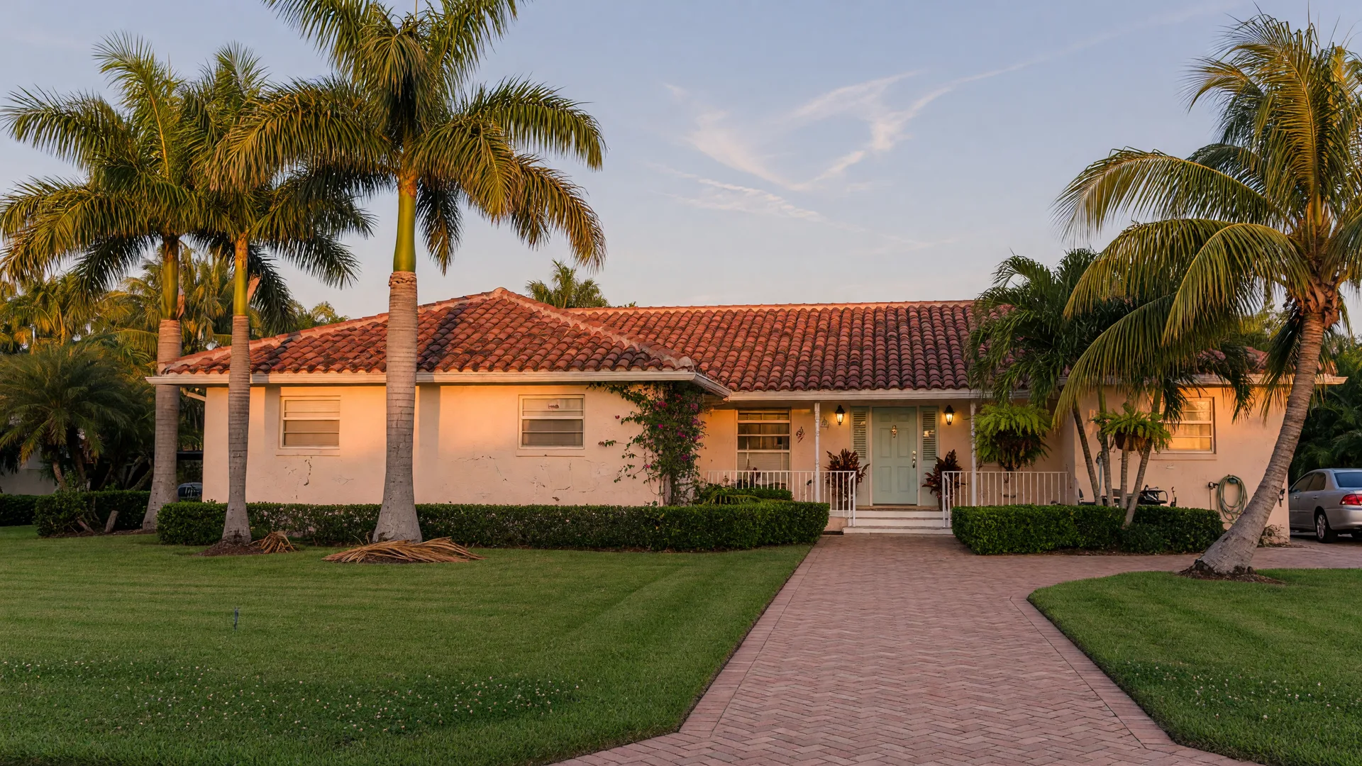 South Florida home with palm trees in Palm Beach County at sunset
