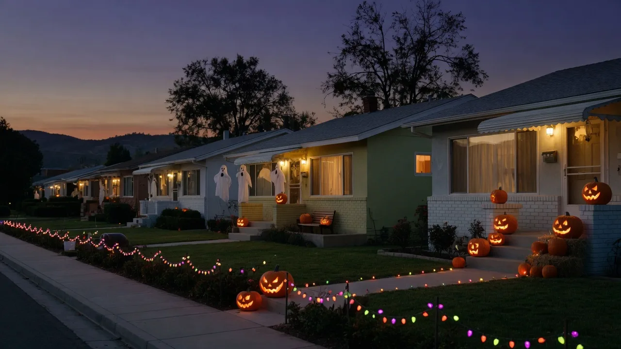 A tidy suburban street at dusk on Halloween with glowing jack-o-lanterns on porches and warm porch lights