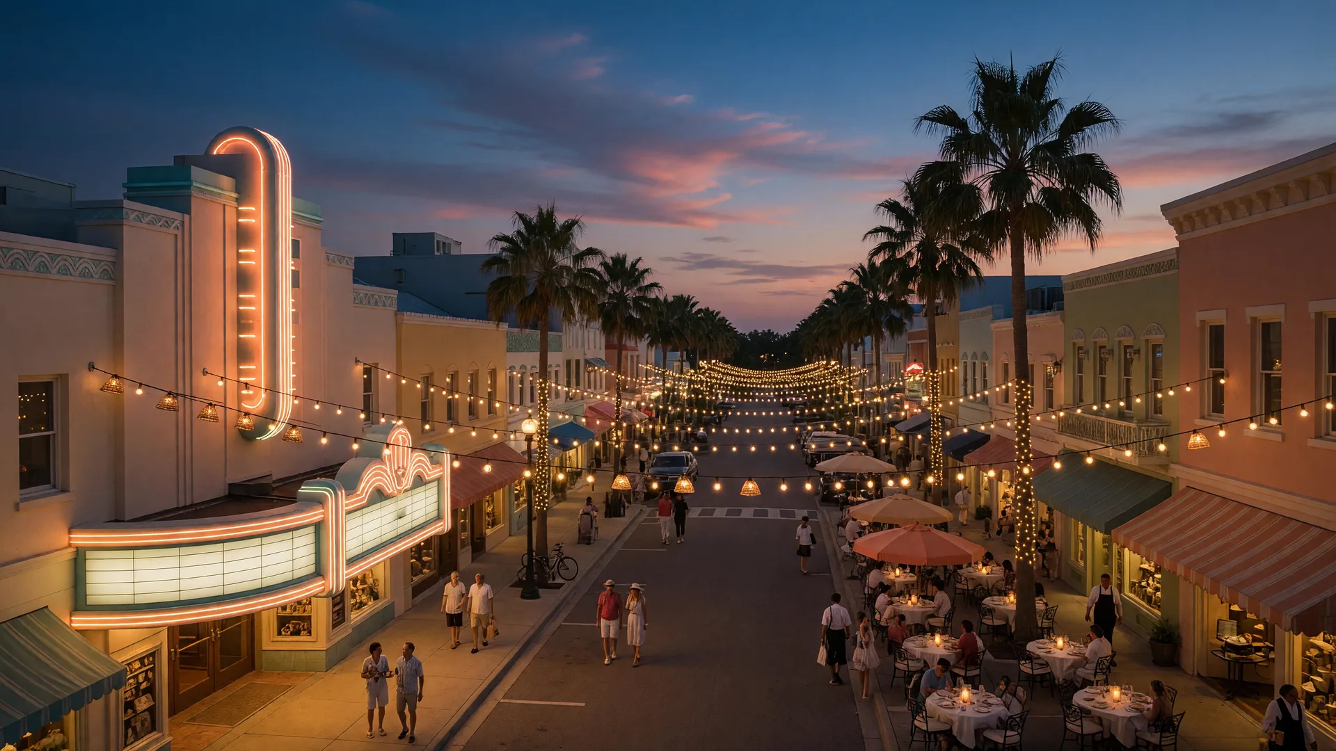 Downtown Sarasota at golden hour with glowing marquee and outdoor dining