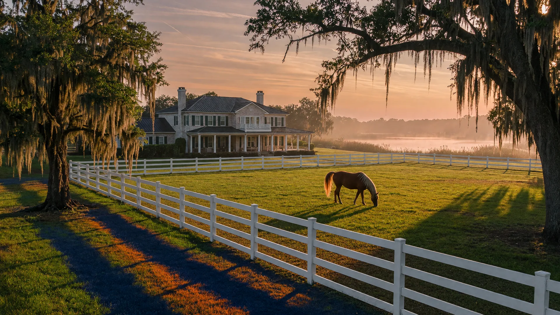 An Odessa, Florida equestrian estate at golden hour with white board fencing, a paddock horse, and moss-draped live oaks framing the property