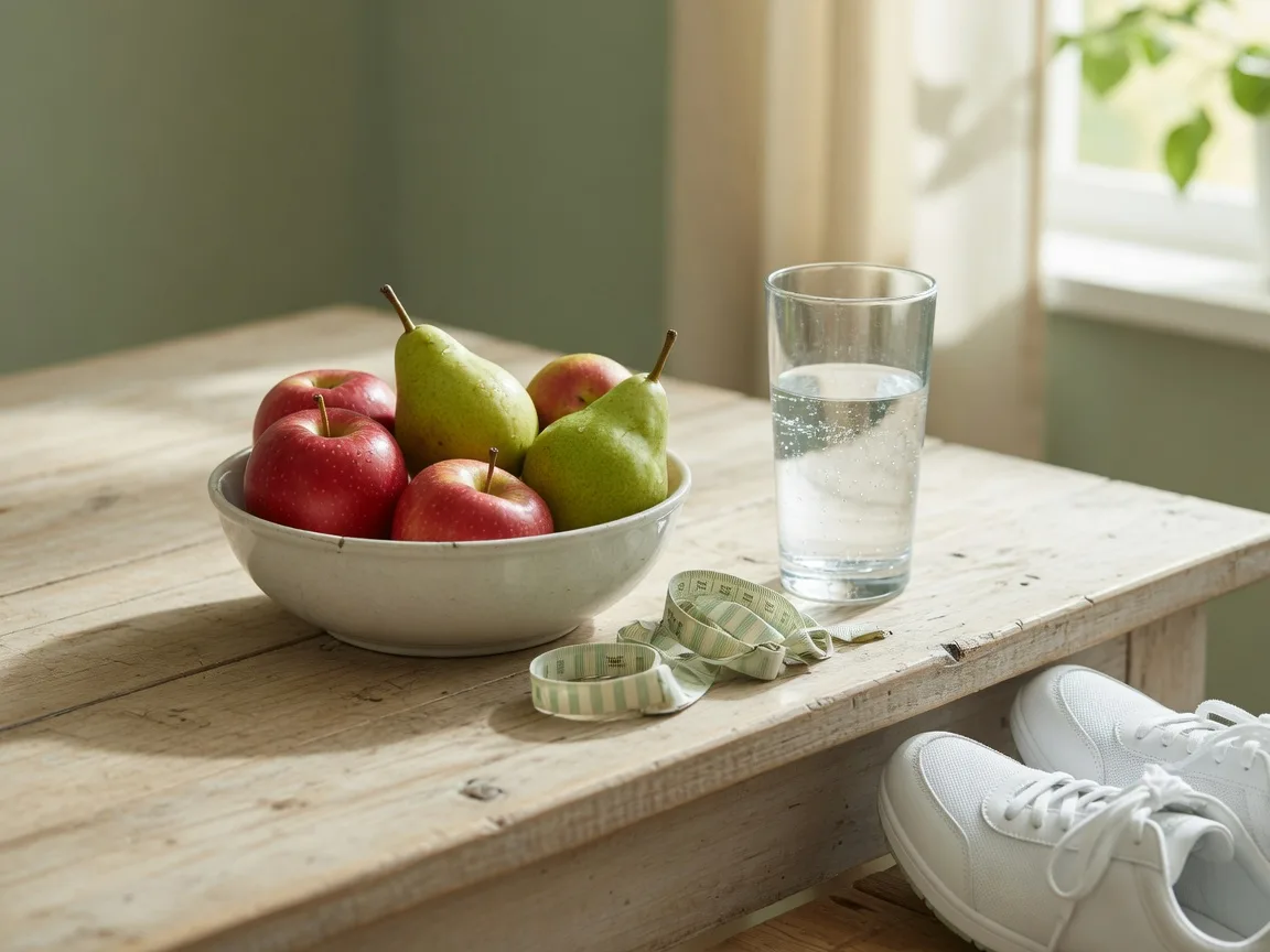 A bowl of fruit, a glass of water, a measuring tape and walking shoes on a kitchen counter