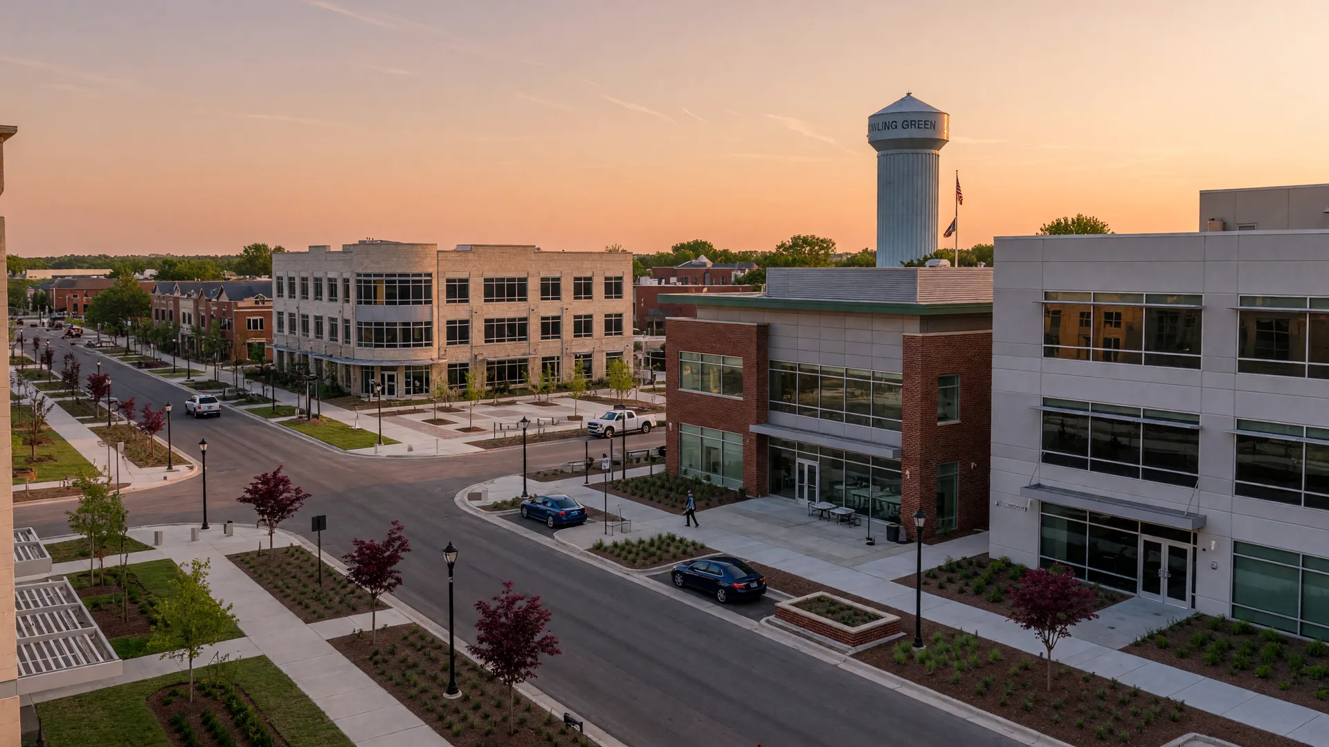 Bowling Green's growing business district at golden hour, with modern office buildings and the downtown water tower on the skyline