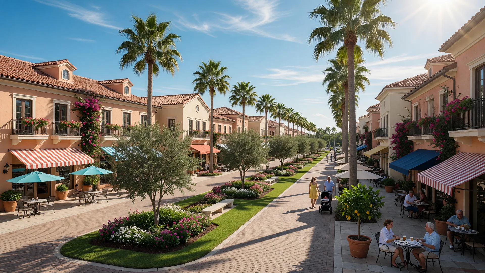 Lakewood Ranch Main Street town center on a sunny afternoon, with tree-lined sidewalks, cafés and palm trees