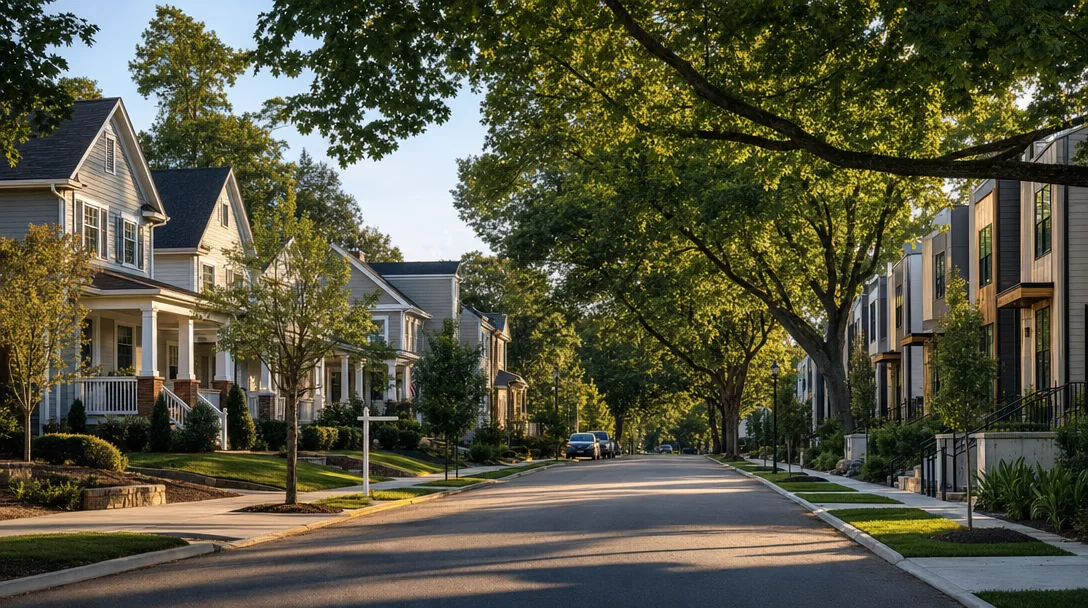 Metro Atlanta residential street at golden hour with single-family homes and new townhome development representing investment opportunity