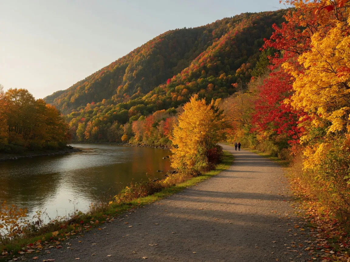 A wide crushed-stone rail trail running along the Lehigh River at the base of the Kittatinny Ridge in late October, framed by golden and crimson fall foliage with the forested ridge rising behind