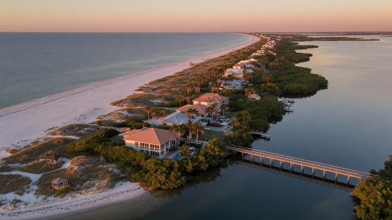 An aerial view of a narrow Gulf Coast barrier island at golden hour, with white-sand beach, dunes, low-profile homes behind palms, and a long wooden bridge crossing the bay