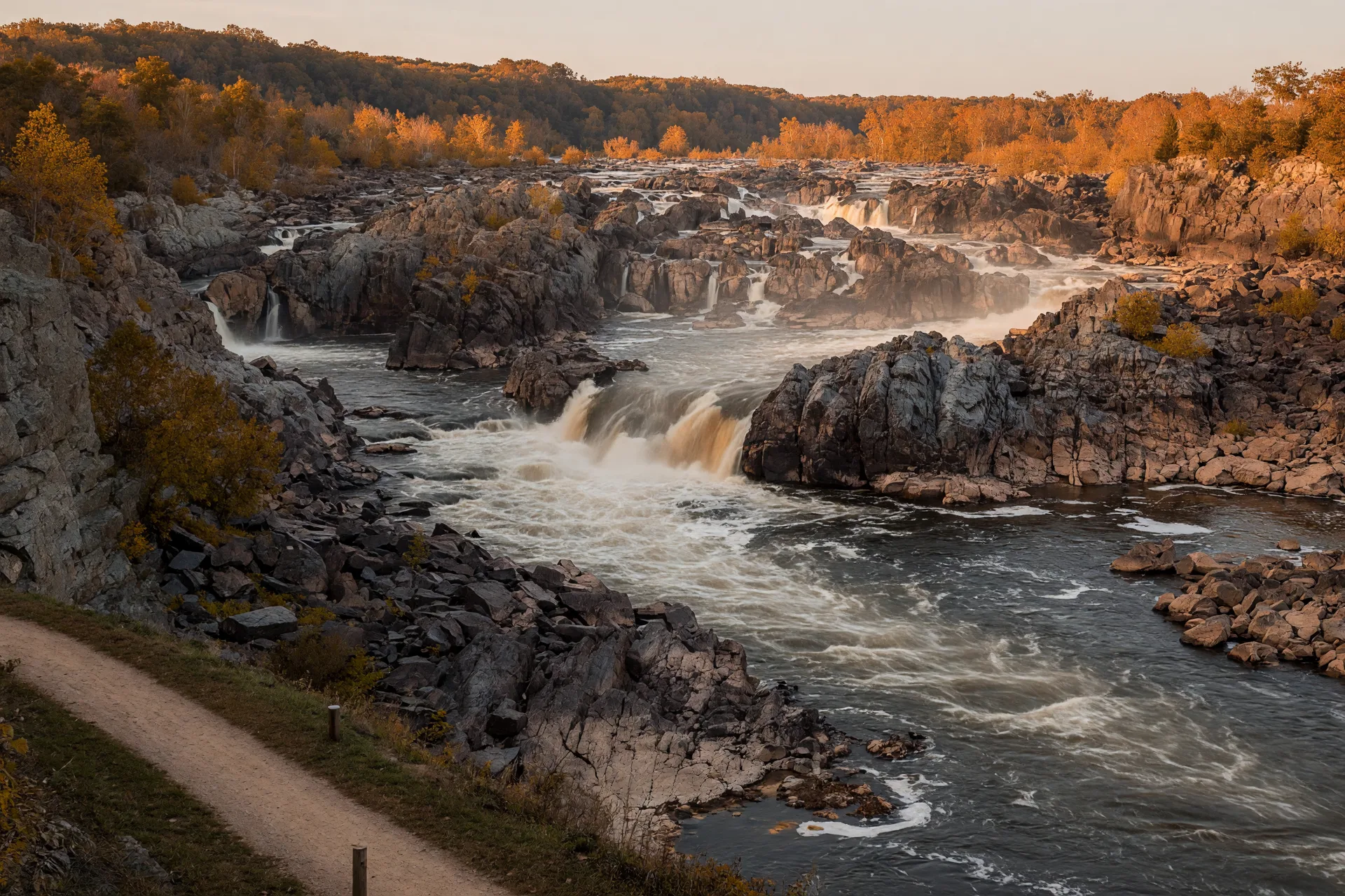 Bright daylight view of the Great Falls and the C&O Canal area along the Potomac River