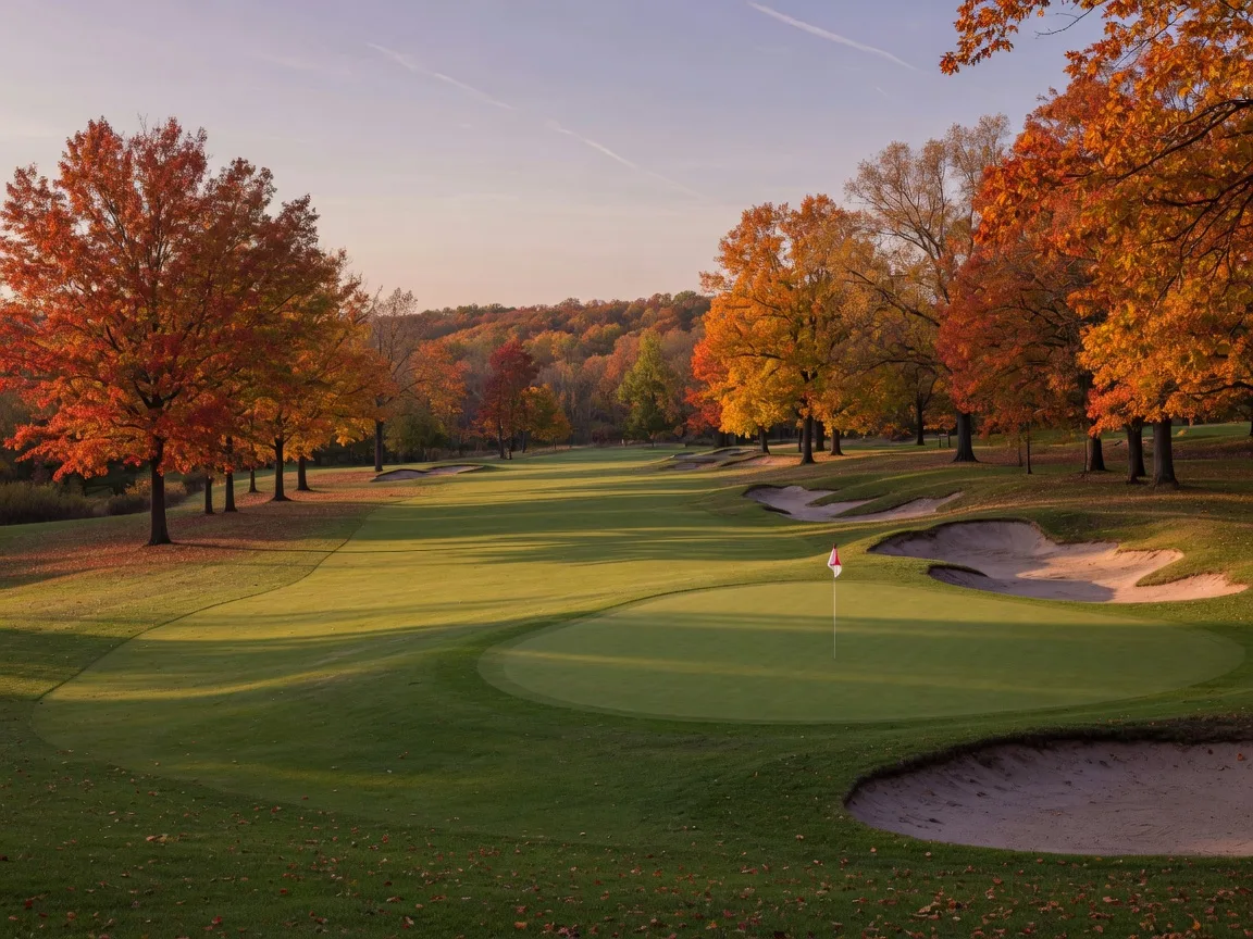 A tree-lined golf fairway with sculpted bunkers beside a large putting green in autumn in eastern Pennsylvania