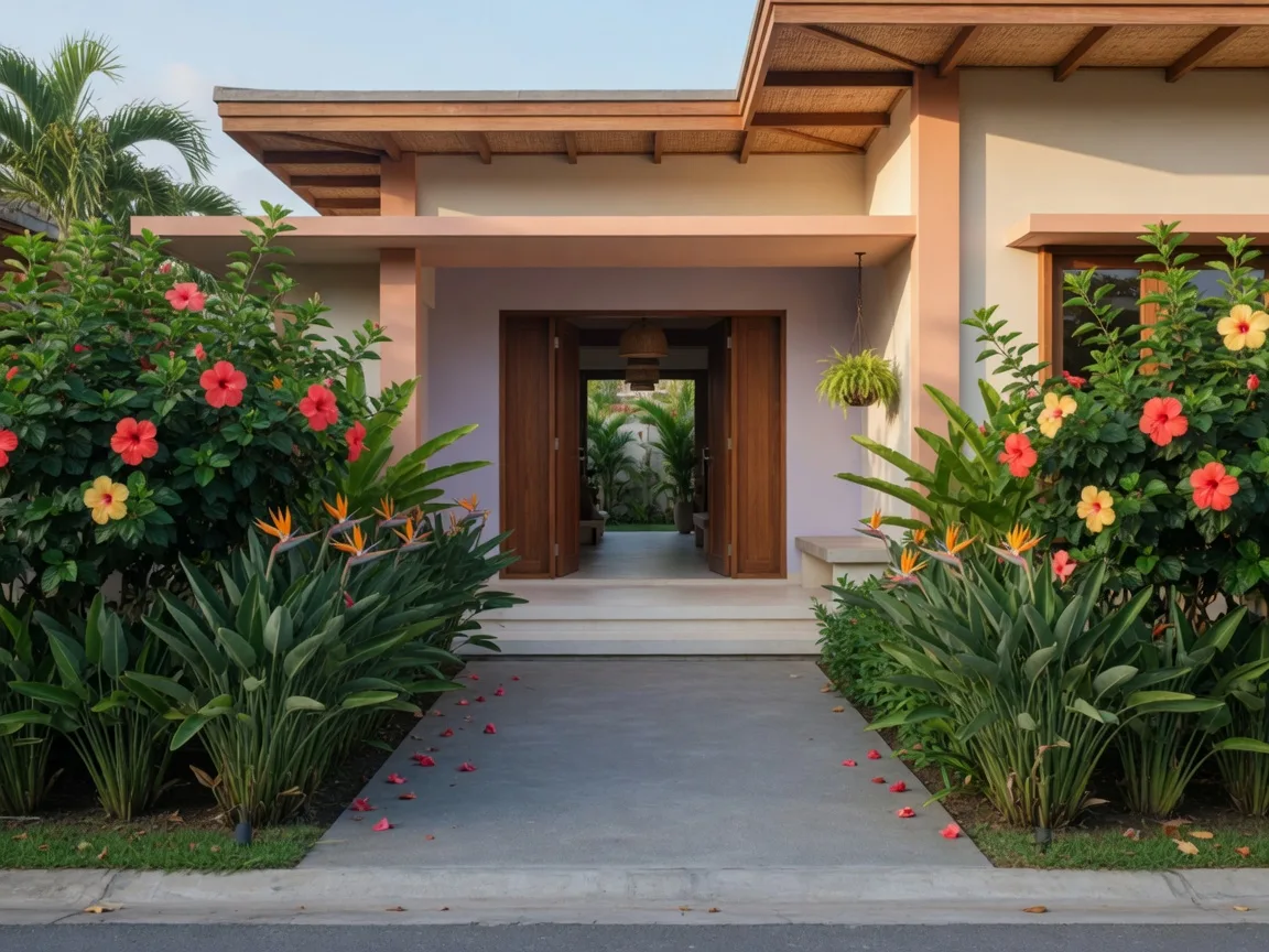 A step-free paved path to a single-level tropical home
