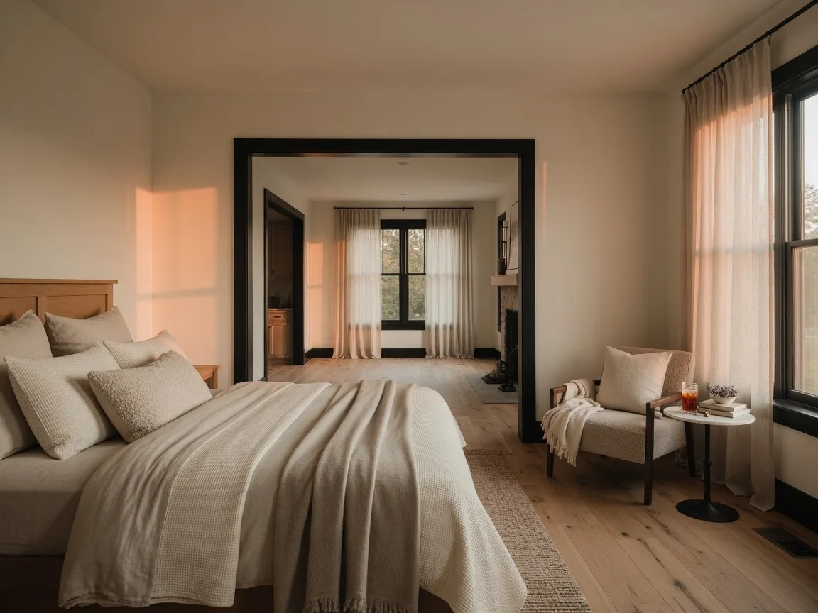 Bright main-level primary suite in a luxury single-story East Tennessee home with tall windows, oak floors, and neutral linen bedding