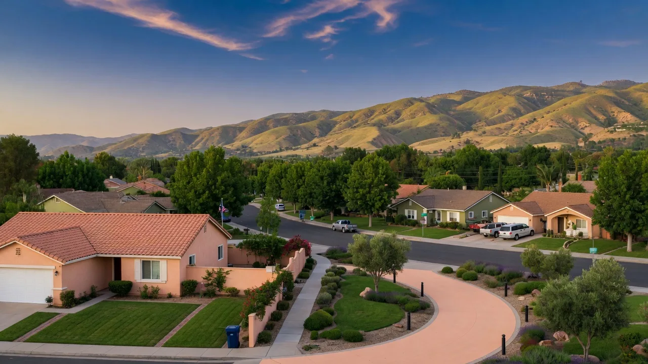 Golden-hour Santa Clarita Valley neighborhood with a stucco home and a paved paseo curving toward tree-lined houses and mountain ridges