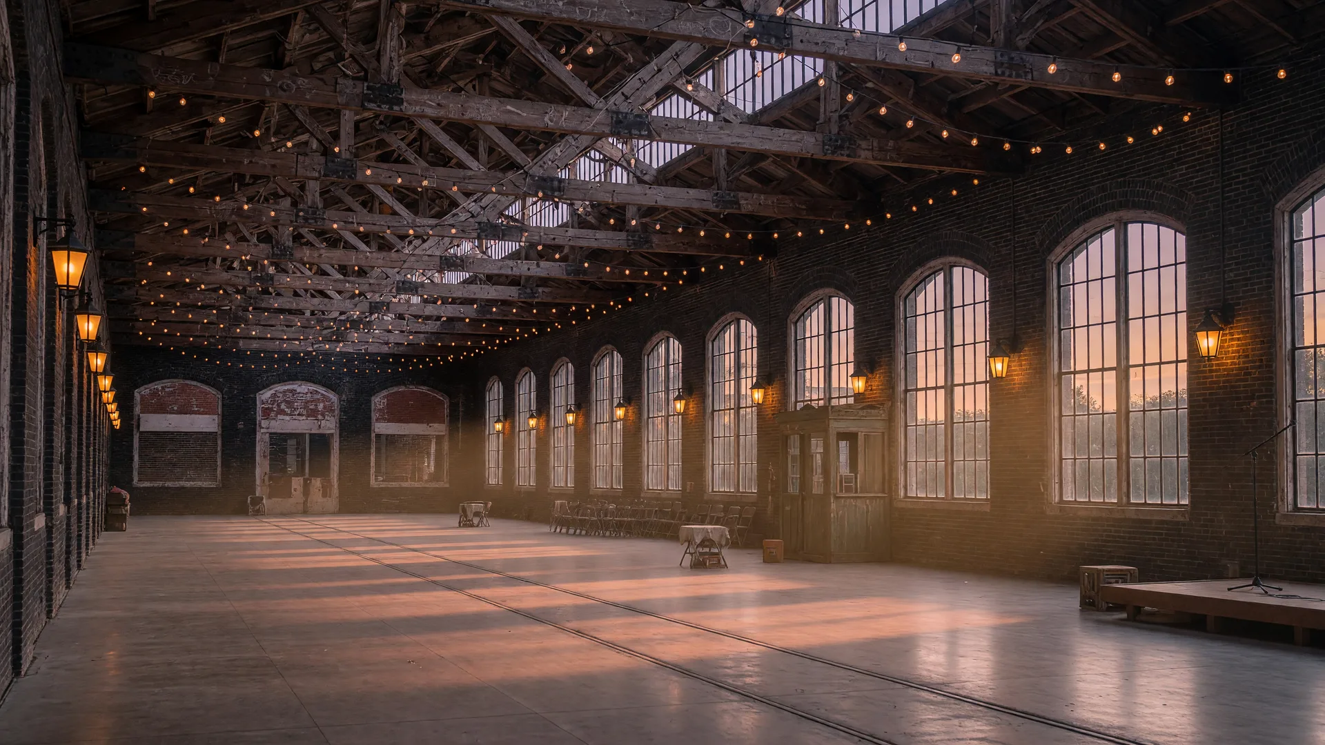 Historic events hall interior with timber trusses and string lights