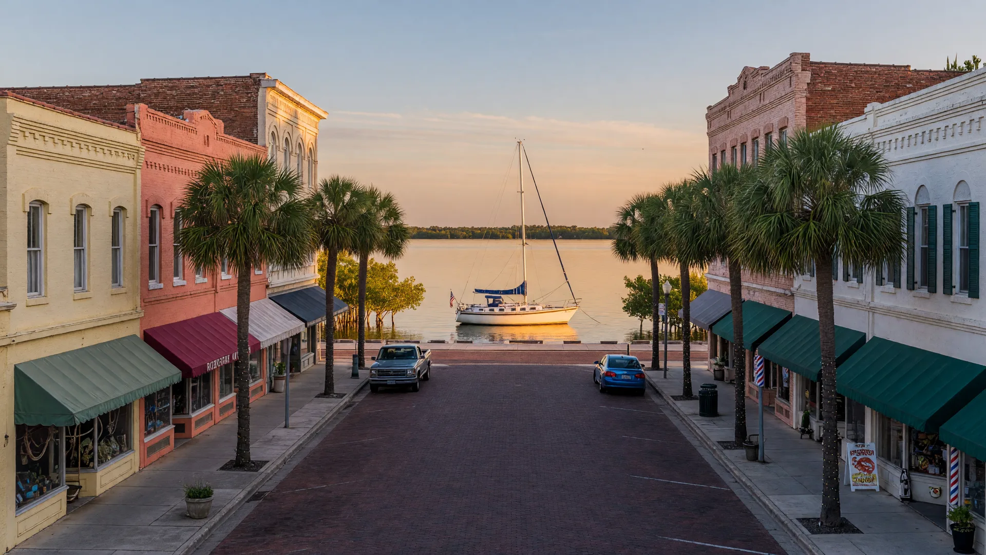 Palmetto's historic downtown street with early 20th-century buildings, shop awnings, and palm trees, with the wide Manatee River and a moored sailboat visible at the end of the street