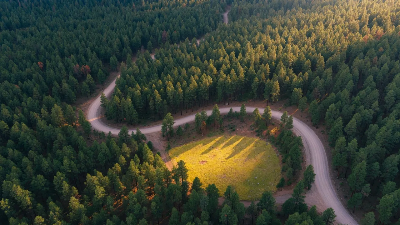 Aerial view of dense ponderosa forest with a winding gravel road