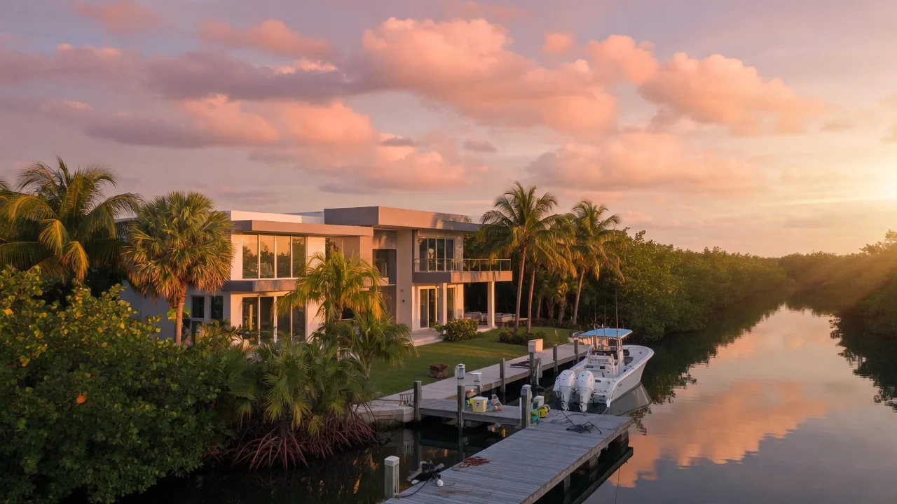 Secluded waterfront estate in Tavernier Florida at golden hour with modern luxury home, private dock with center-console fishing boat, and native tropical trees