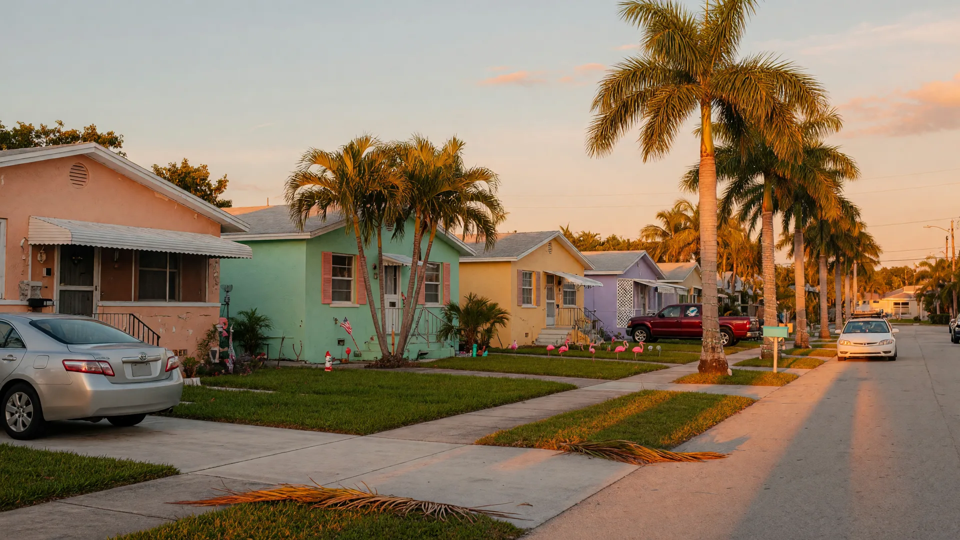 A quiet South Florida residential street at golden hour with pastel homes and palm trees