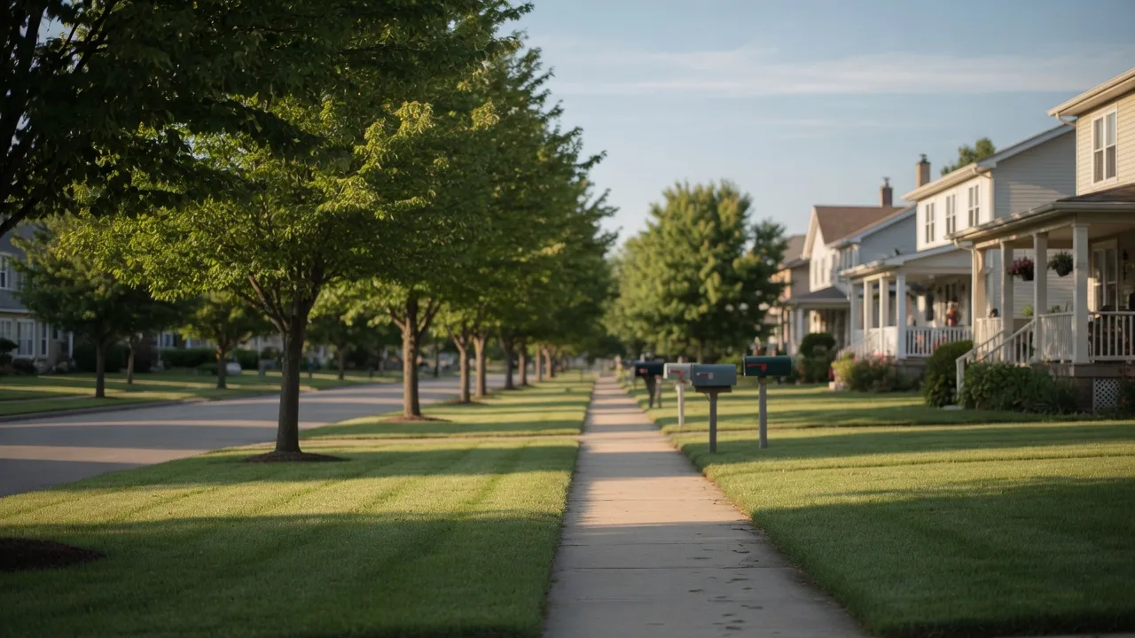 Soft morning light across a quiet tree-lined street