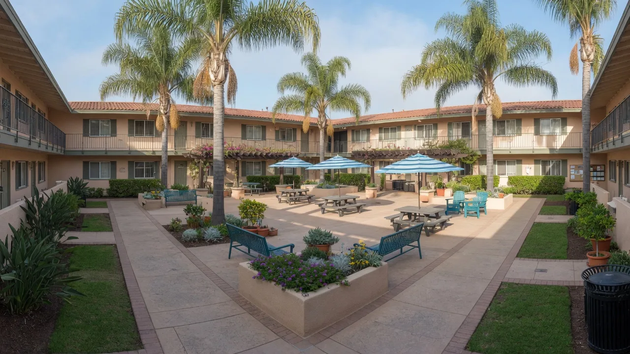 Landscaped courtyard of a mid-market San Diego apartment community with palms and lounges, showing the amenity standard buyers now underwrite