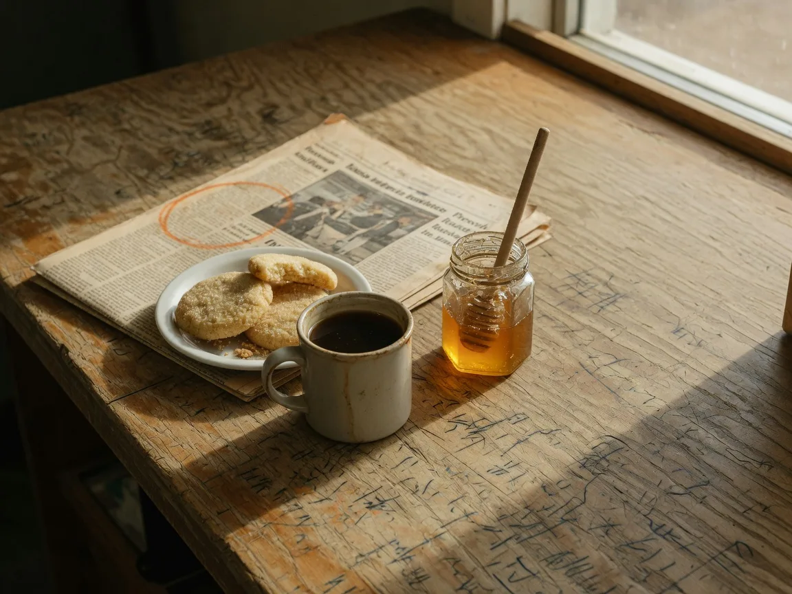A stoneware mug of coffee and a saucer of cookies on a worn wooden counter in warm morning light