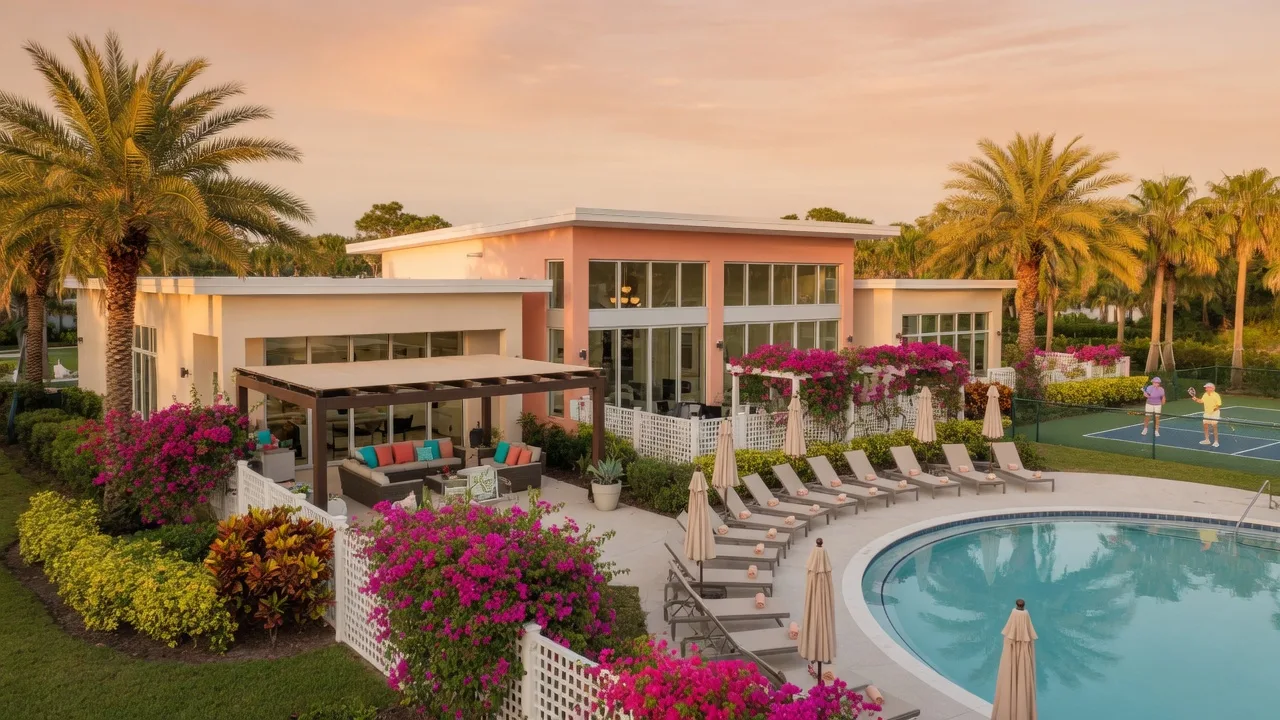 A resort-style clubhouse and pool at an active adult community in Sarasota County with palm trees, lounge chairs, and pickleball courts in the late afternoon