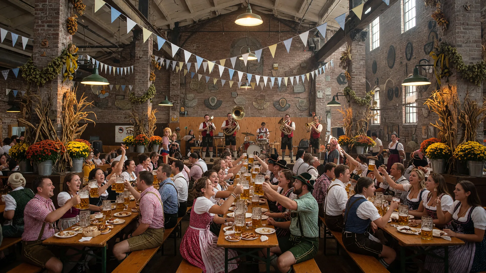 Oktoberfest celebration inside a historic brick armory in Philadelphia with long tables, steins and a brass band