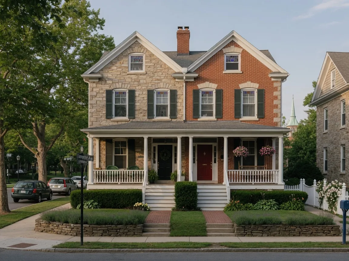 Classic twin home in Ardmore with brick facade, front porch, and mature landscaping