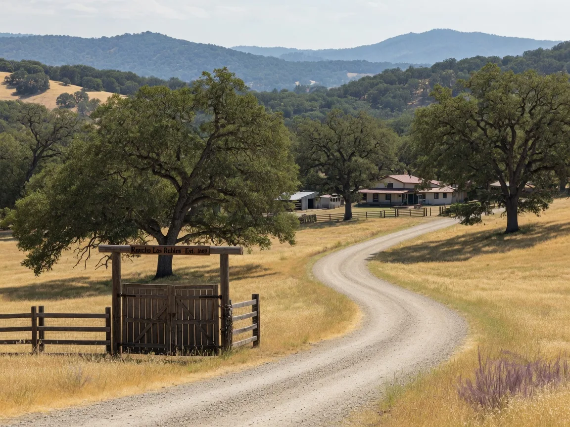 Historic ranch property in Catheys Valley, Mariposa County, California with a rustic wooden gate, mature valley oaks providing dappled shade, and a winding gravel driveway leading to a traditional ranch-style home in the golden foothills