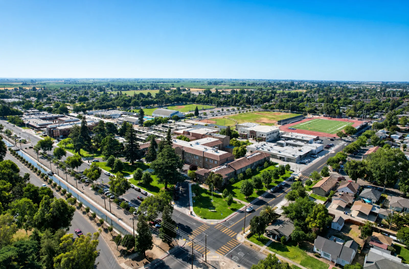 Aerial photograph of the Turlock, California school campus