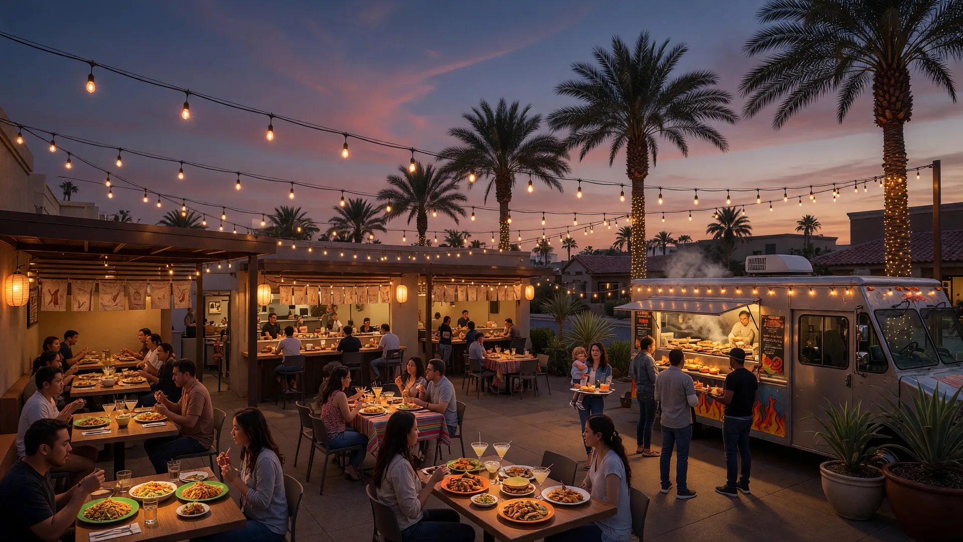 Outdoor dining plaza at dusk in Southwest Las Vegas with glowing string lights, restaurant patios, and food trucks