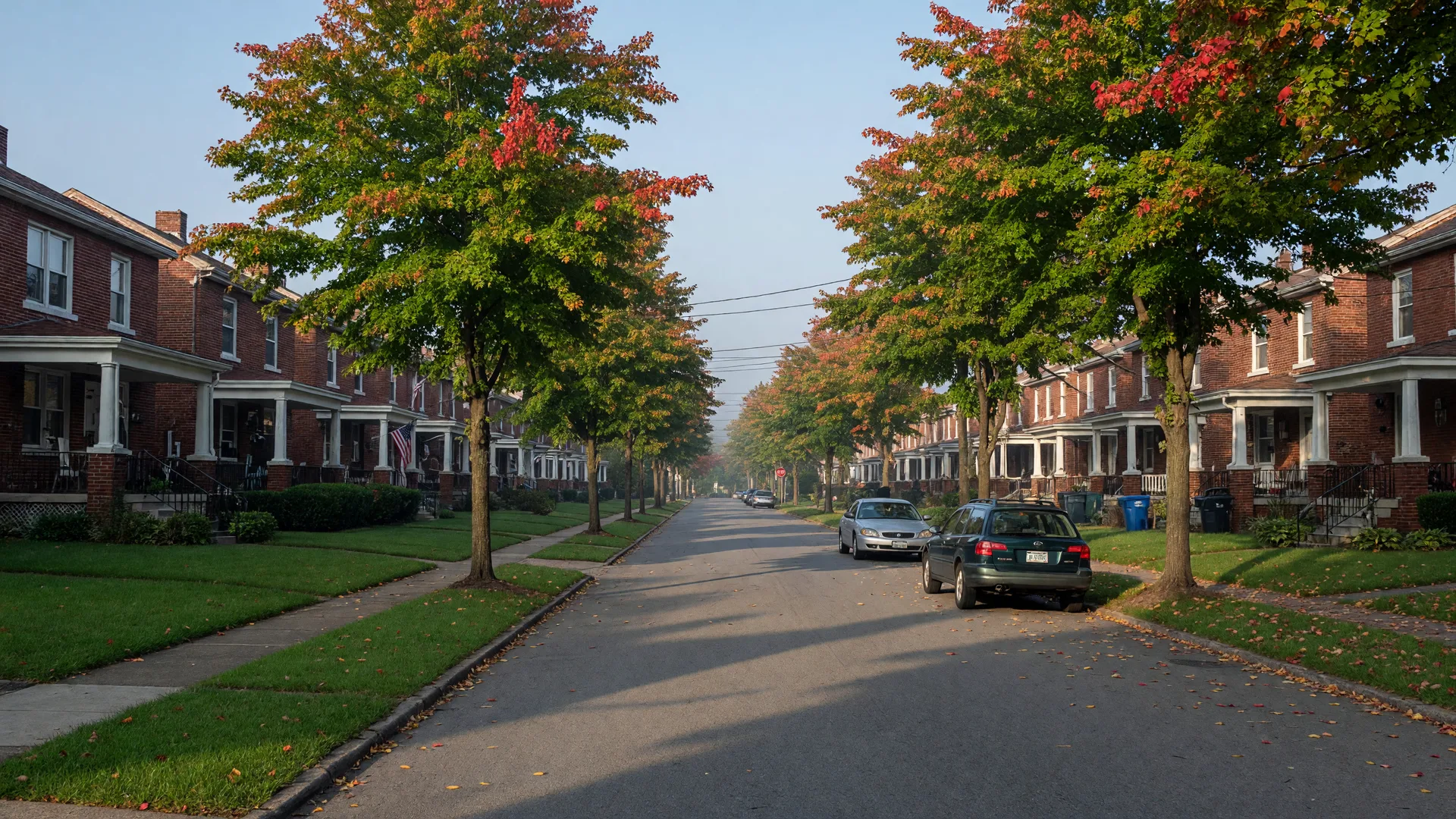 Tree-lined twin-home street in Catasauqua in early September