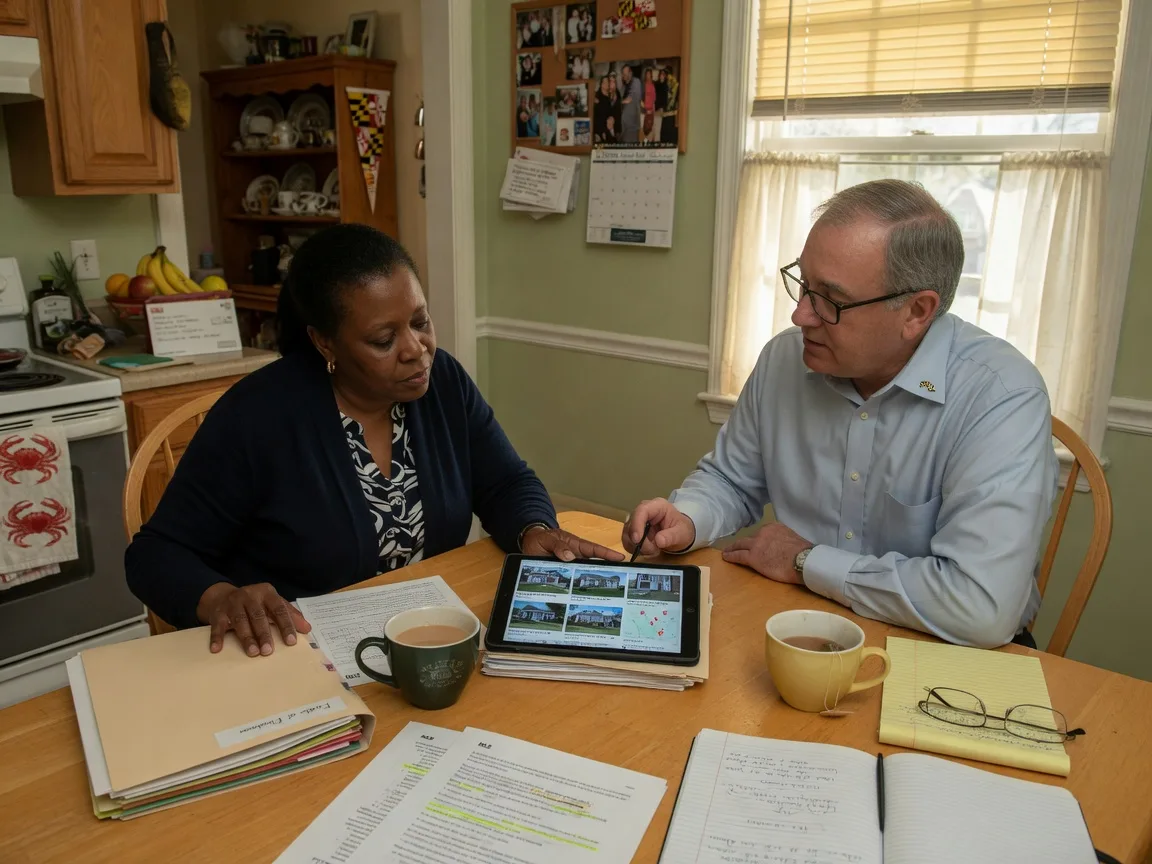 A Personal Representative and a probate Realtor reviewing property documents and market comparables together at a kitchen table in a Maryland home