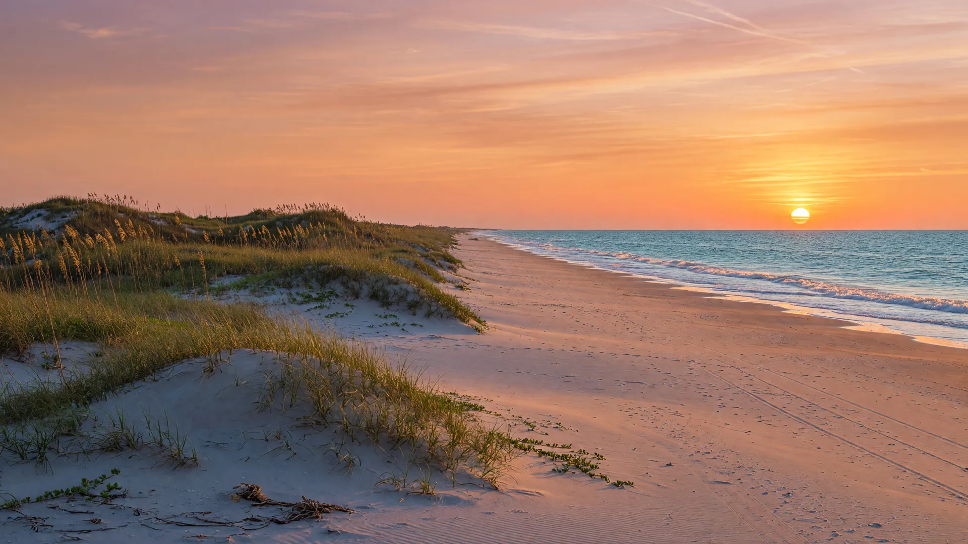 A remote, pristine Texas Gulf beach at golden hour