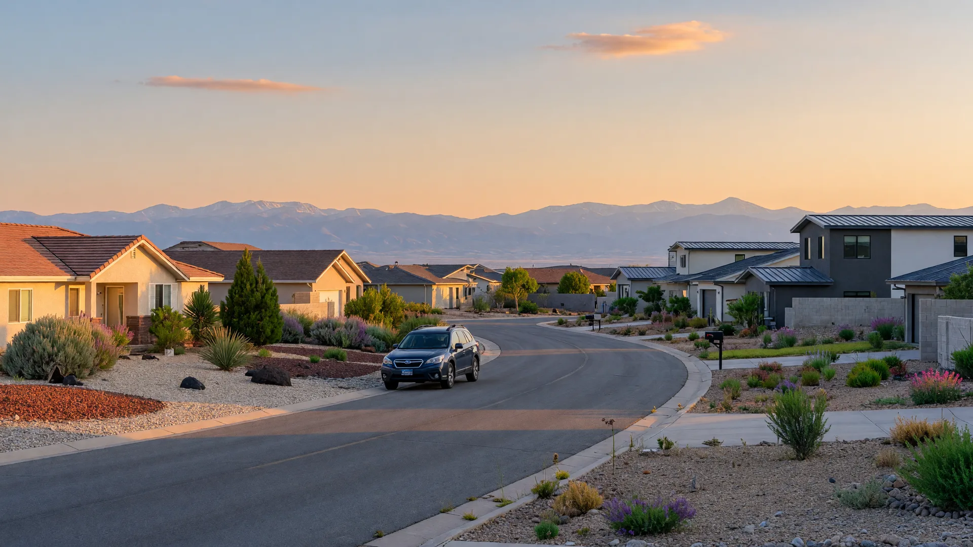 A Northern Nevada neighborhood street at golden hour,with a mix of modern and ranch-style homes against the Sierra Nevada.