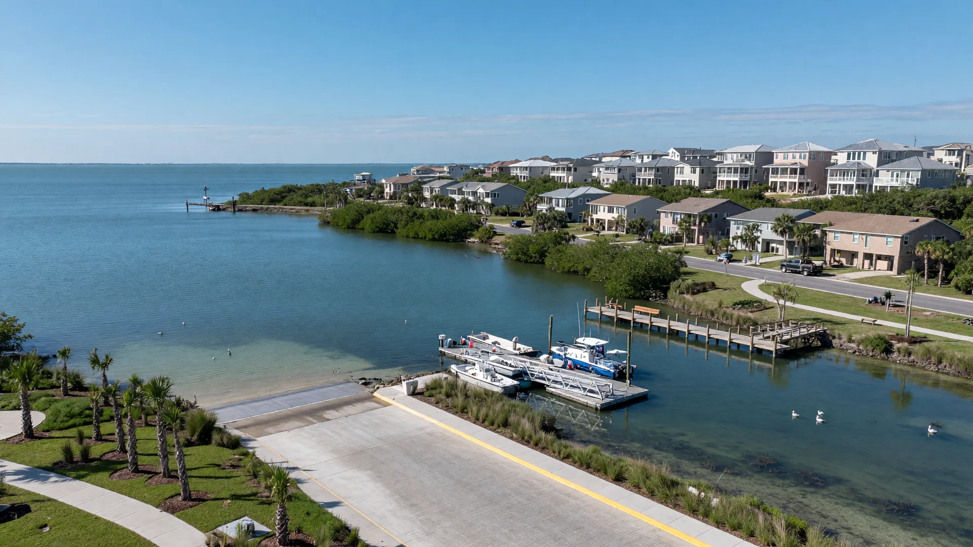 A growing Texas coastal town with a waterfront park and boat ramps on a calm bay