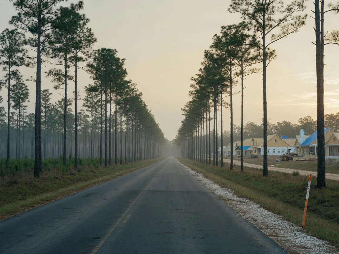 Longleaf pines and a quiet two-lane road near Orangeburg with a distant new home development breaking the tree line